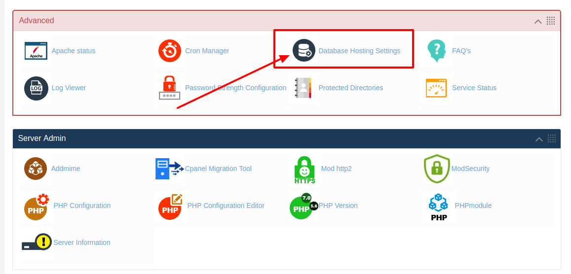 How to change database settings in HS Panel?